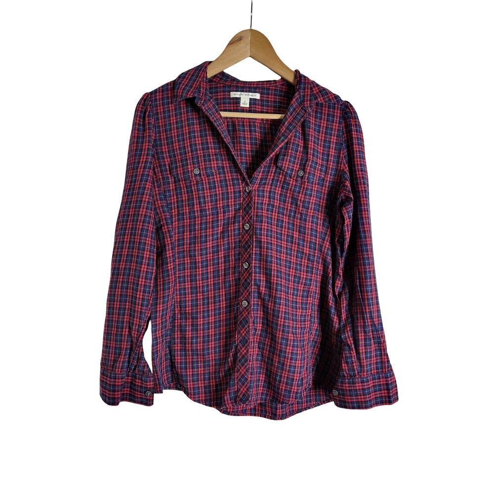 Banana Republic S Red Navy Plaid Button Down Shirt Cotton Stretch 90s Grunge